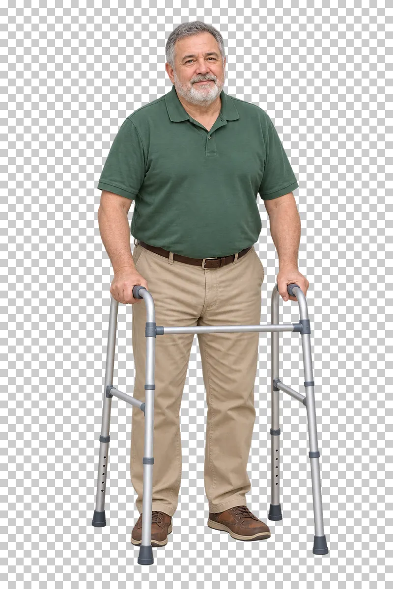 A man holding a walking frame with both hands.