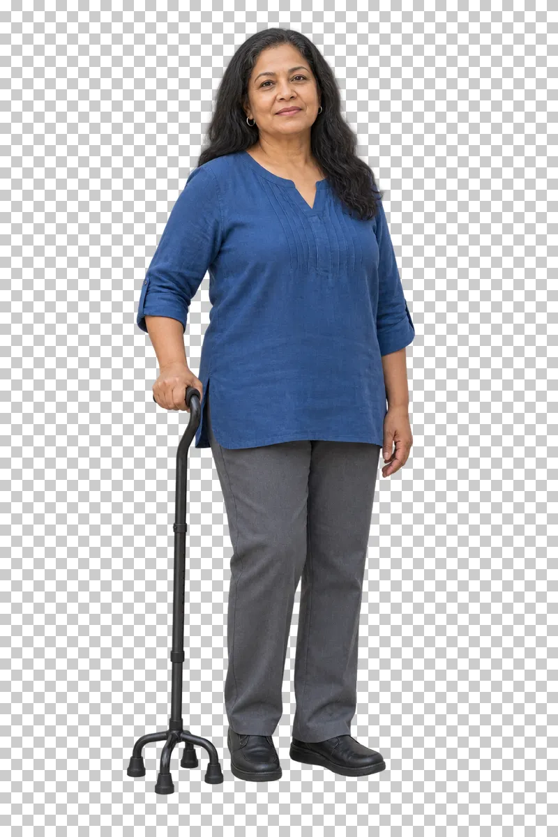 A woman standing with a quad cane.