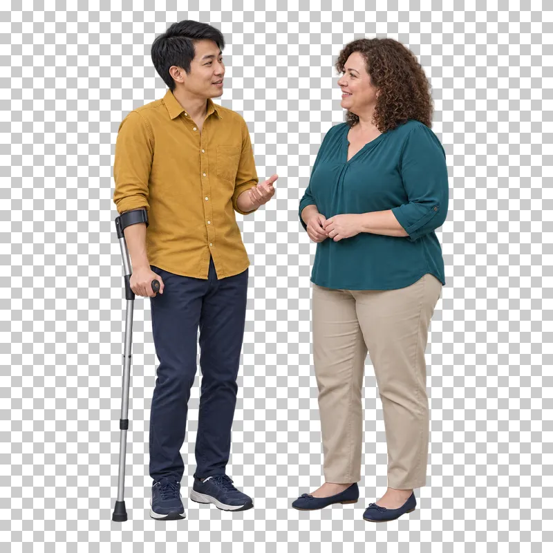 Two adults talking, with one man using a forearm crutch.