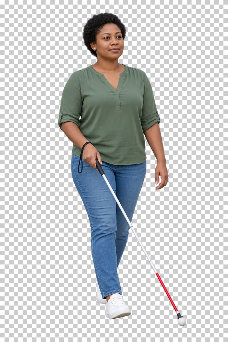 A woman walking with a white cane.
