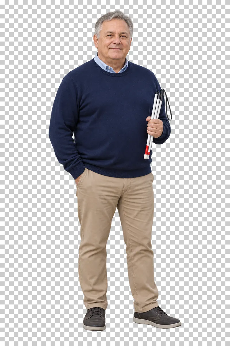 A man holding a folded white cane.