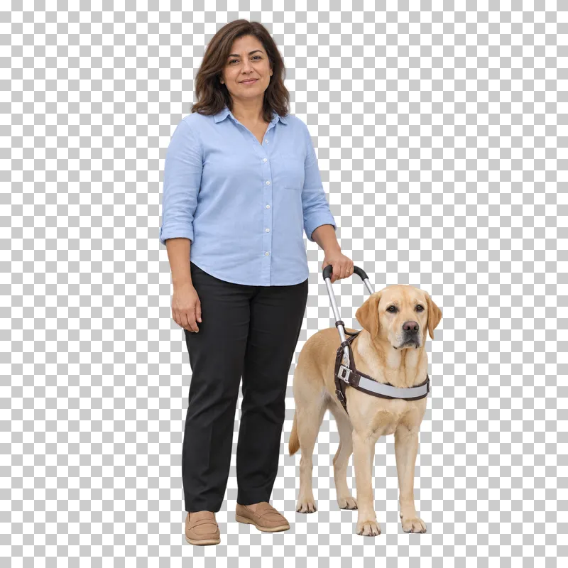 A woman standing beside a yellow Labrador guide dog in a working harness.