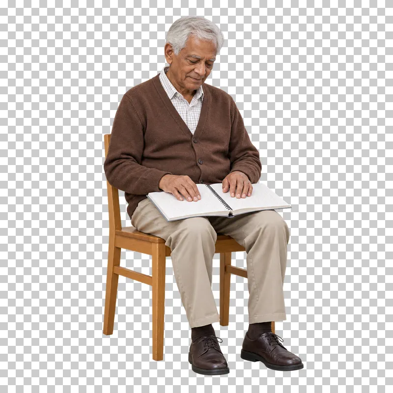 An older man reading a Braille book while seated on a simple wooden chair.