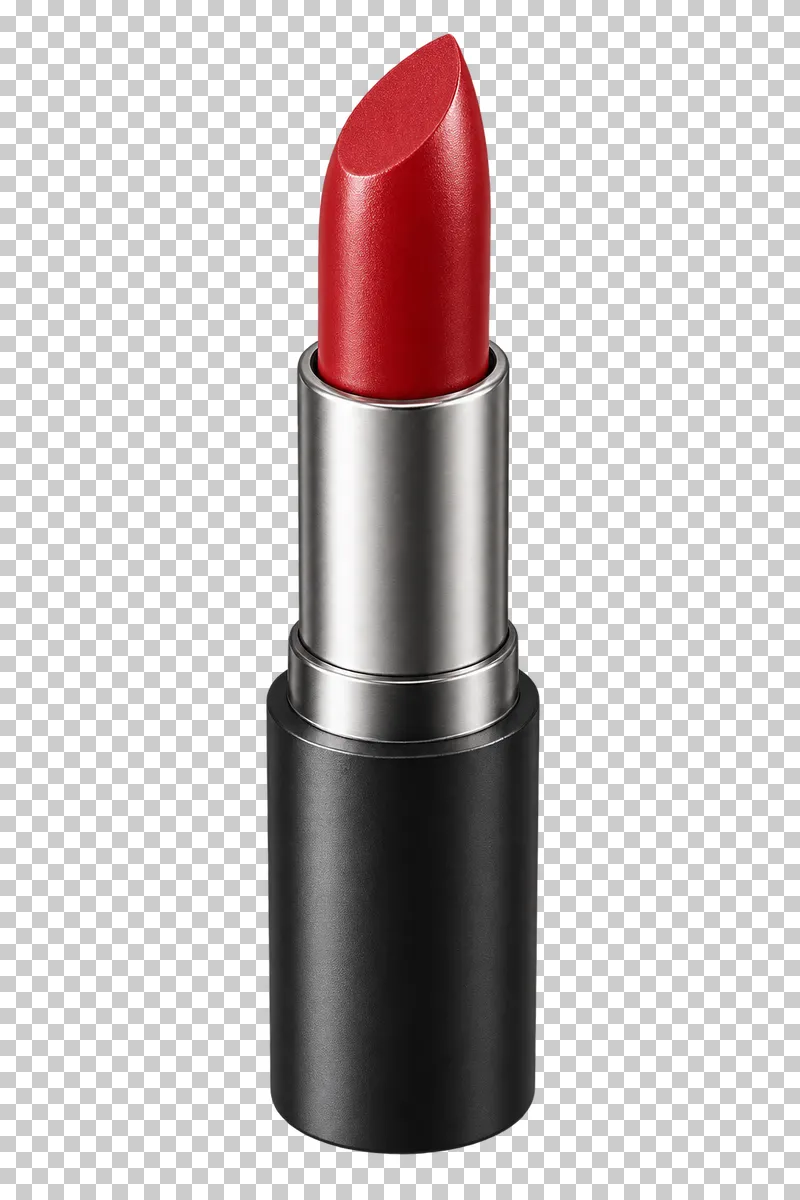 An open classic red lipstick in a black and satin metal tube.