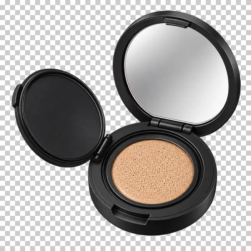 An open black cushion foundation compact with a neutral mirror.