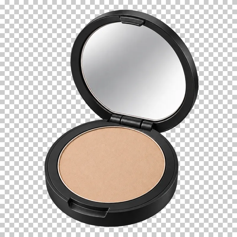 An open pressed powder compact with a beige powder pan and neutral mirror.