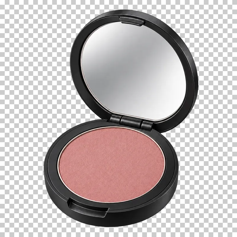 An open pressed blush compact with muted rose powder.