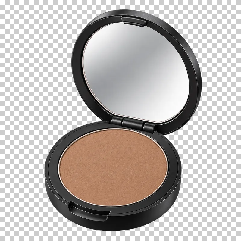 An open bronzer compact with warm brown powder.