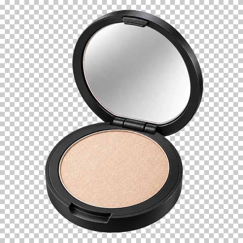 An open highlighter compact with pearlescent champagne powder.
