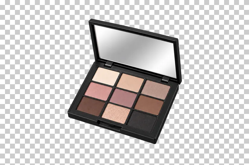An open nine-pan eyeshadow palette with beige, brown and muted rose shades.