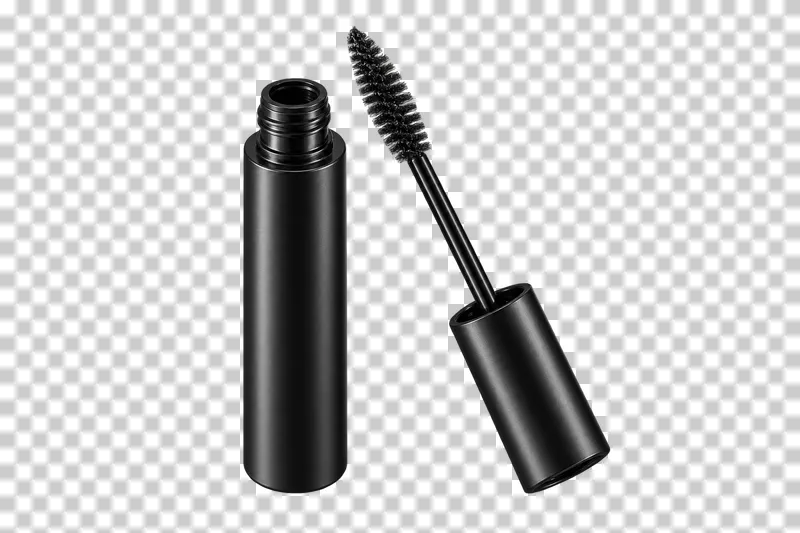 An open black mascara tube with its bristled wand beside it.