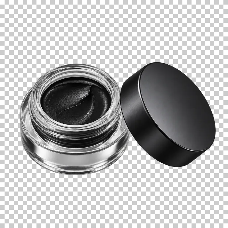 An open glass pot of black gel eyeliner.