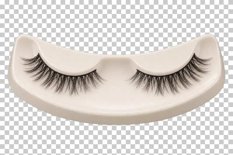 A matched pair of black false eyelashes on a small ivory tray.