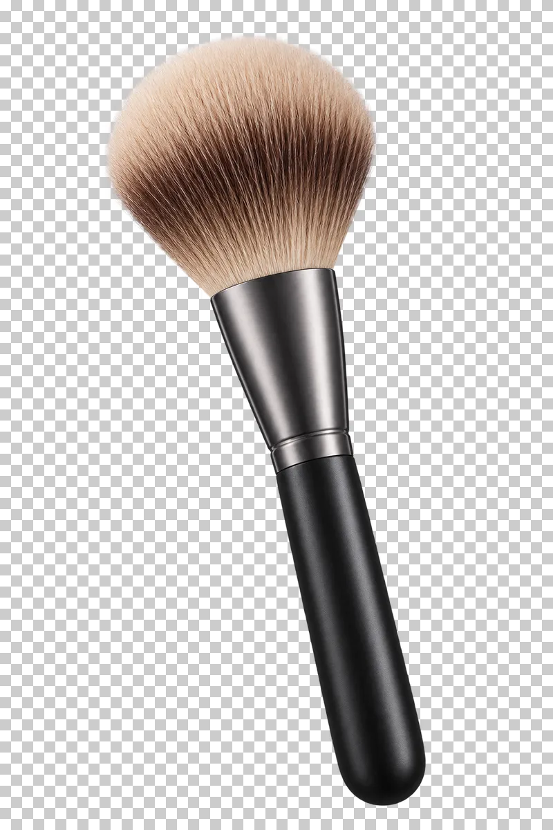 A large powder brush with soft brown bristles and a satin metal ferrule.