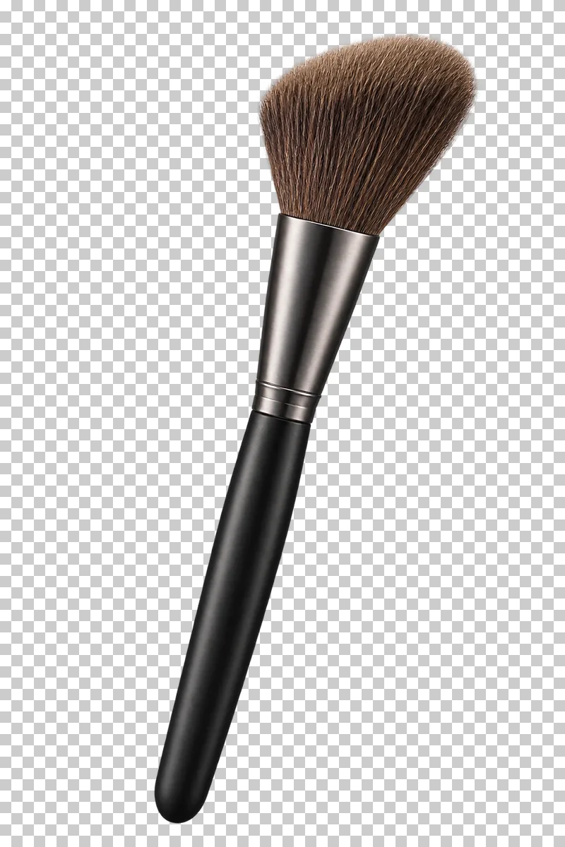An angled blush brush with individual brown bristles.