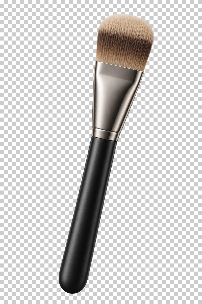 A flat foundation brush with a black handle and satin metal ferrule.
