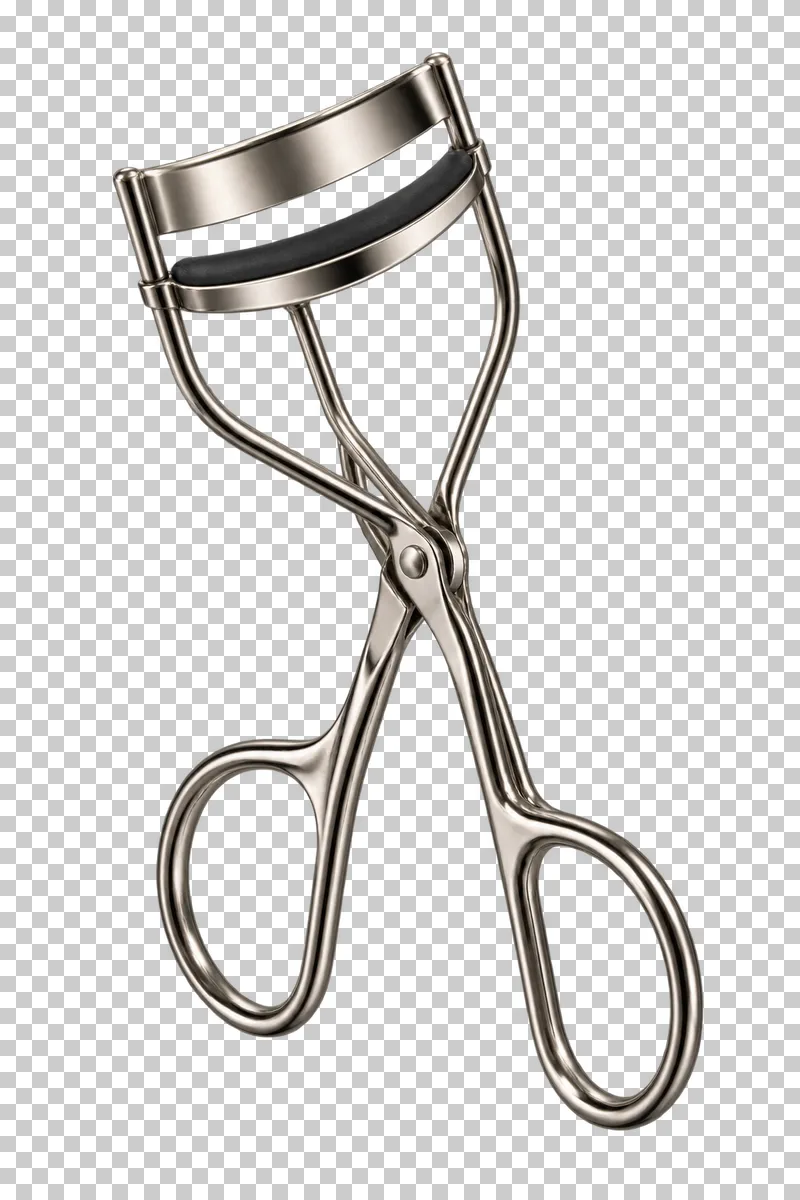 A satin metal eyelash curler with aligned jaws and a dark silicone pad.