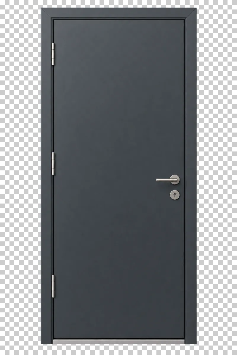 A closed smooth dark steel entrance door with its frame, hinges, handle and lock.