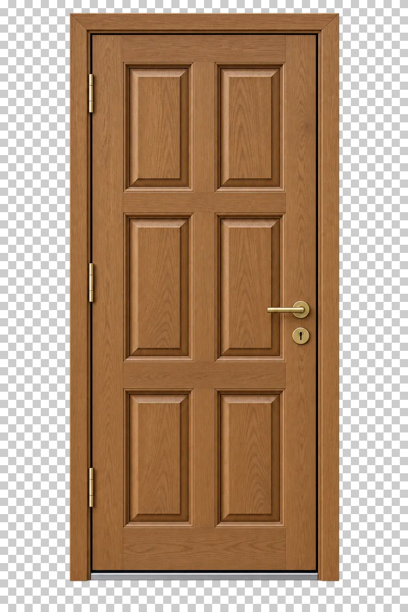 A closed wooden panel entrance door with raised rectangular panels, frame and metal hardware.