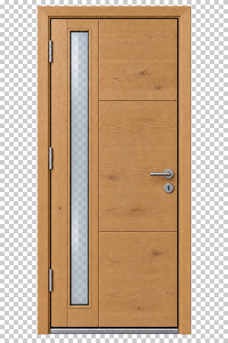 A closed wooden entrance door with narrow vertical translucent glazing, frame and silver handle.