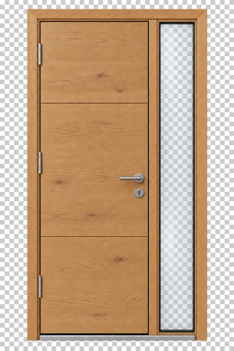 A closed wooden entrance door with a translucent side light in a complete shared frame.
