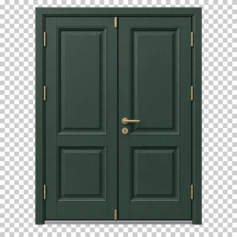 A pair of closed classic green panel entrance doors with a shared frame and metal handles.