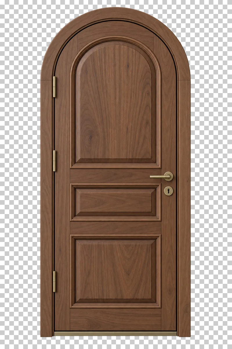 A closed wooden panel entrance door with an arched top, curved frame and metal hardware.