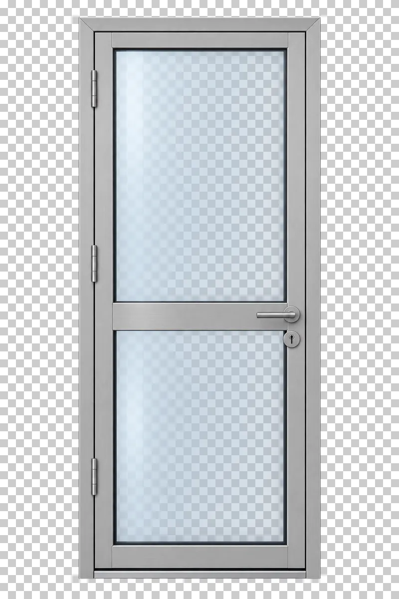 A closed aluminum entrance door with two translucent glass panels, frame and handle.