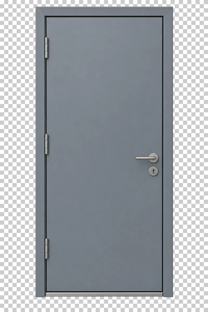 A closed gray steel service door with a plain leaf, metal frame, hinges and handle.