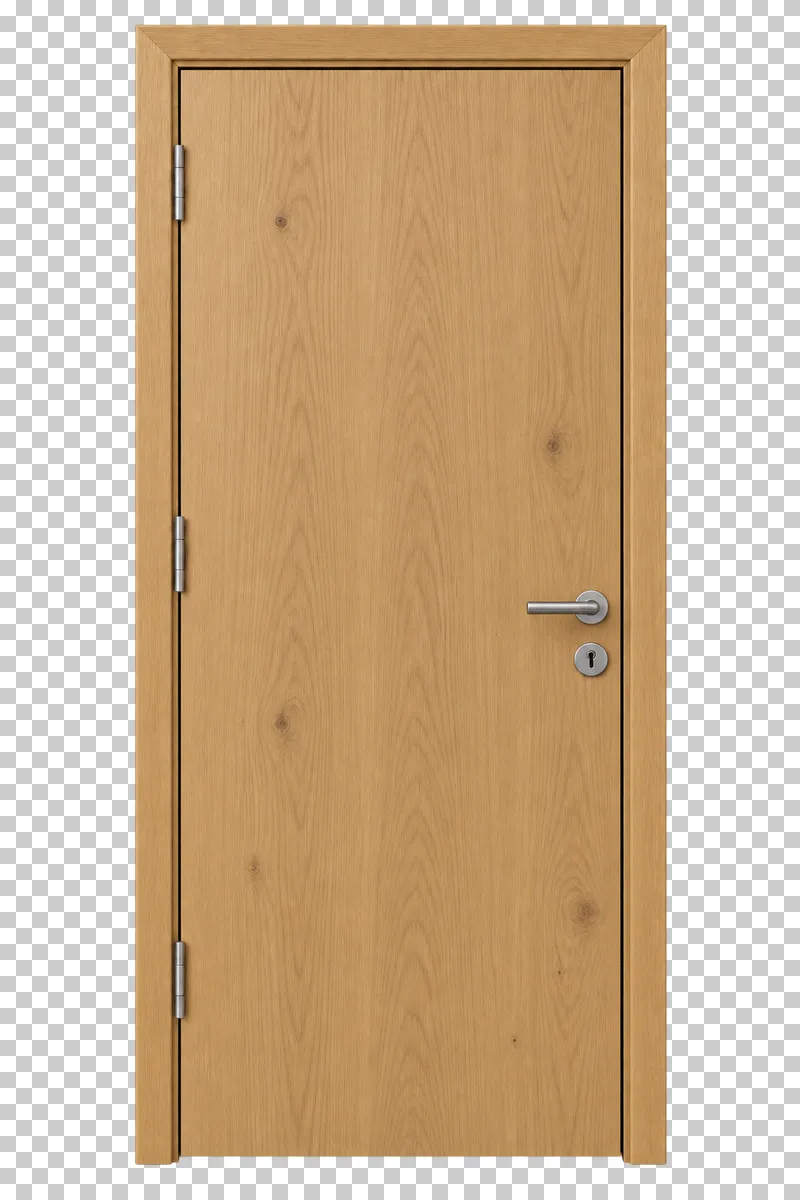 A closed oak veneered interior door with vertical wood grain, frame and silver handle.
