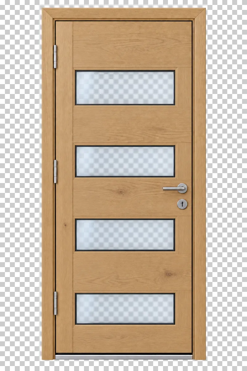 A closed wooden interior door with horizontal translucent glass panels, frame and handle.