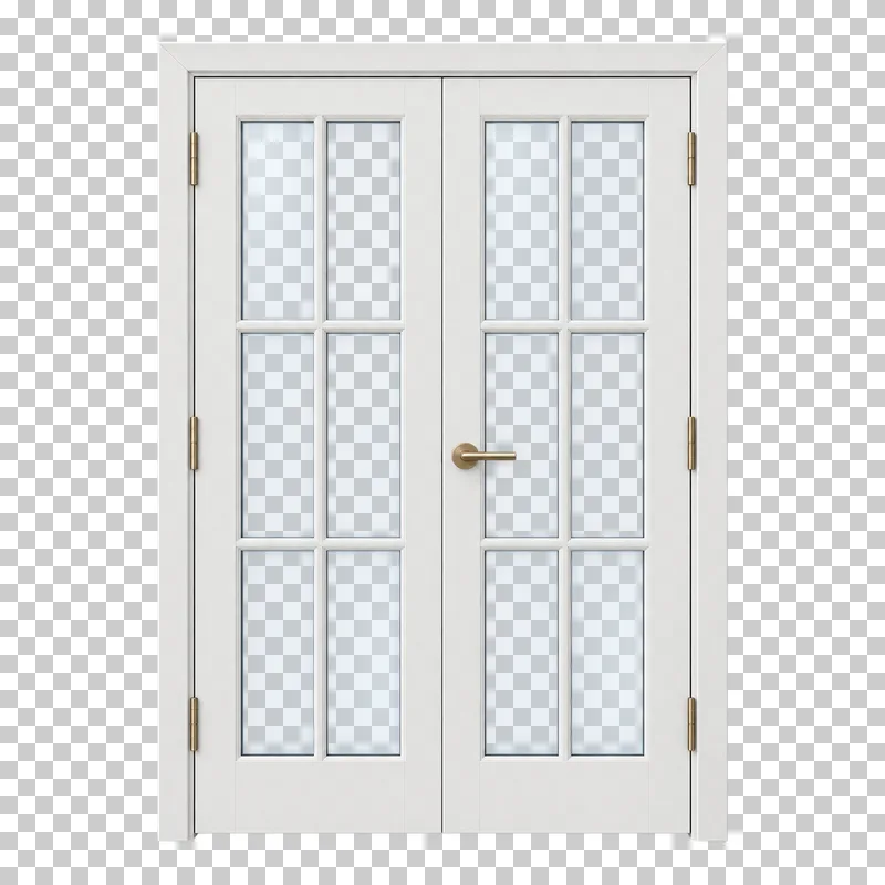 A pair of closed white French doors with divided translucent glass panes and a shared frame.