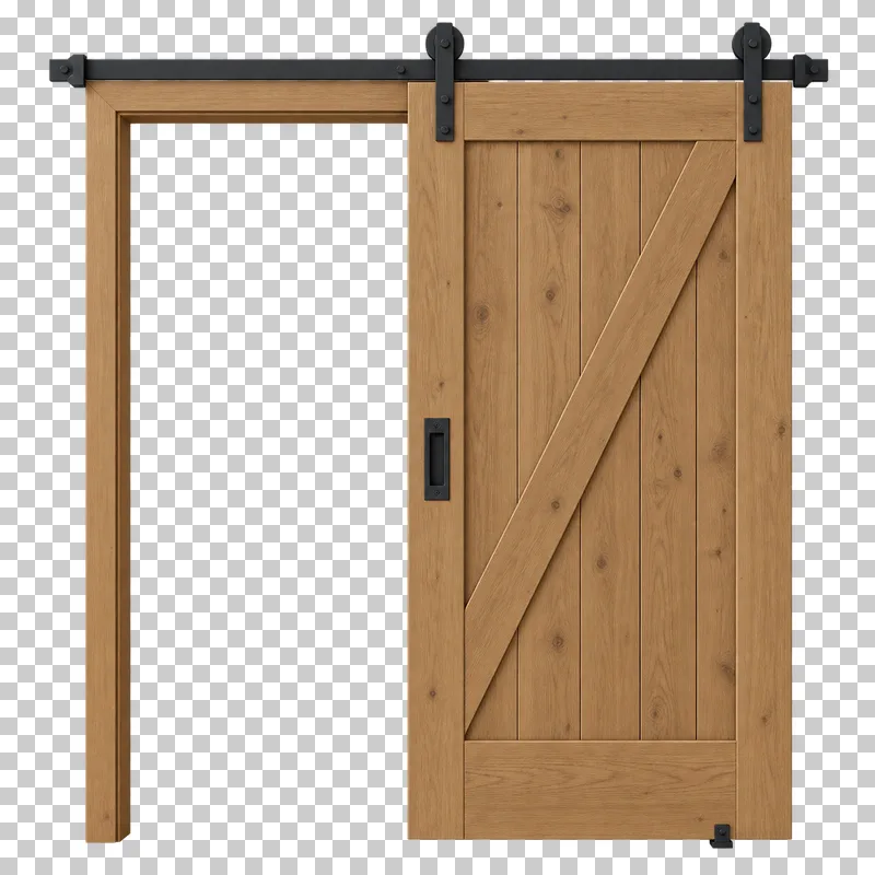 A partially open wooden sliding door with an exposed metal rail and its mounting frame.