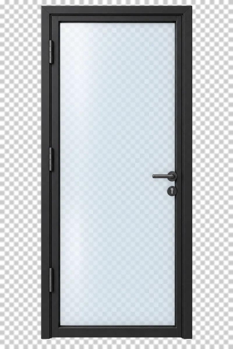 A closed translucent glass door in a black metal frame with hinges and a lever handle.