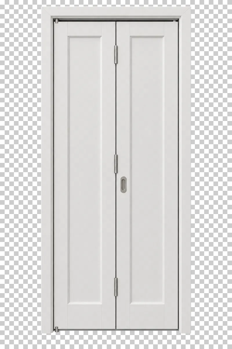 A closed white two-panel bifold door with its complete frame and folding hardware.