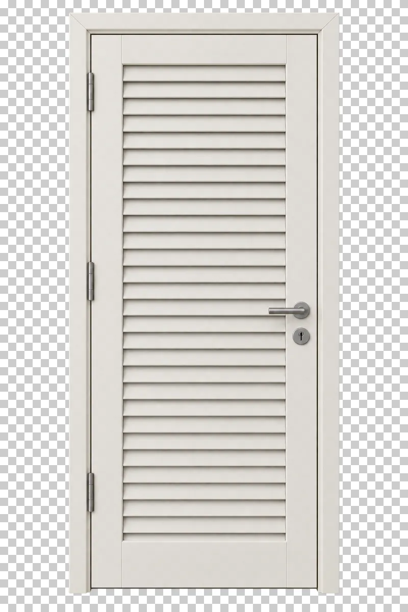 A closed white louvered interior door with horizontal slats, frame and handle.