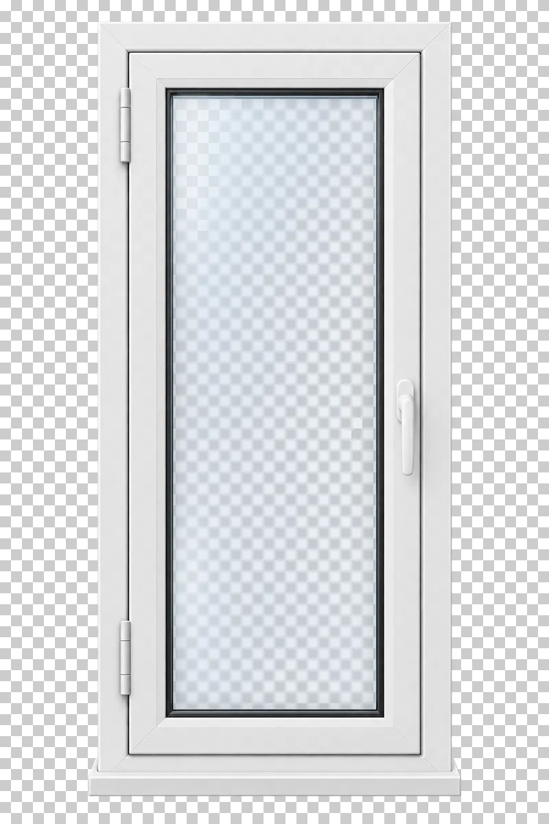 A closed white single casement window with a translucent pane, frame and handle.