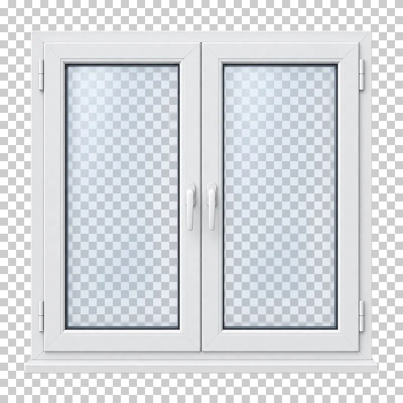 A closed white double casement window with a central mullion, translucent panes and handles.