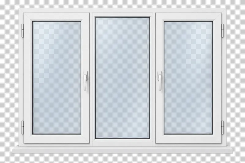 A closed white three-section window with three translucent panes and a complete frame.