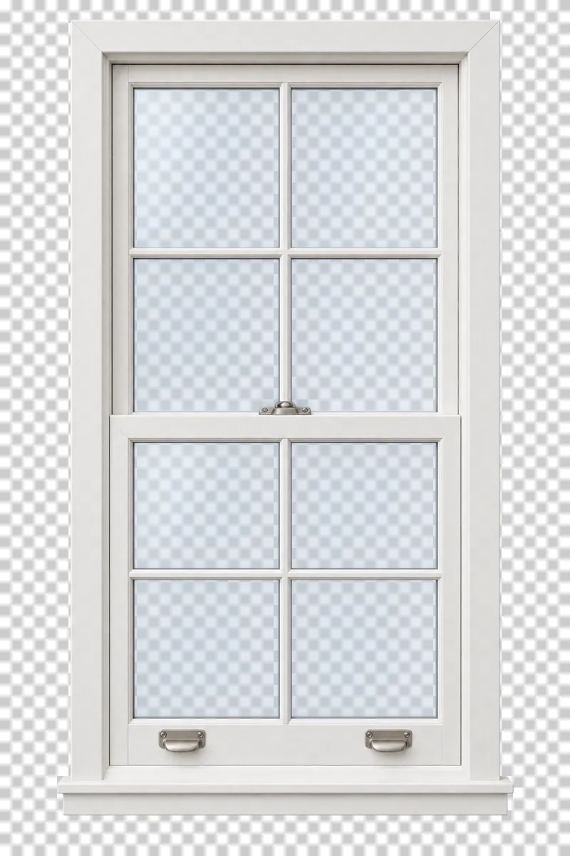 A closed white vertical sliding sash window with divided translucent panes and sash hardware.
