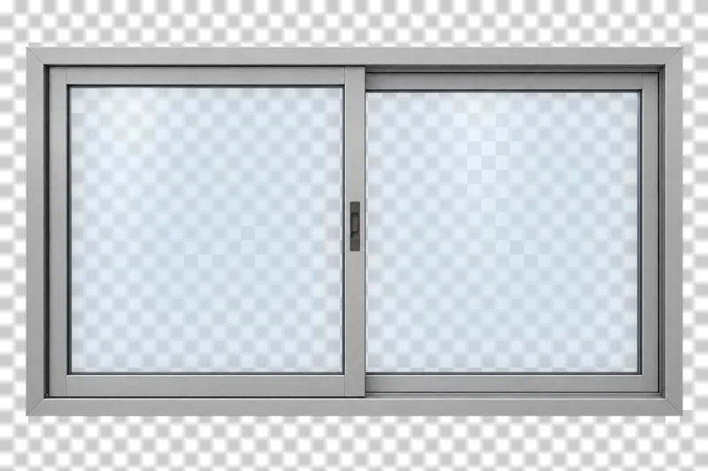 A closed horizontal sliding window with two translucent glass sections in a complete frame.