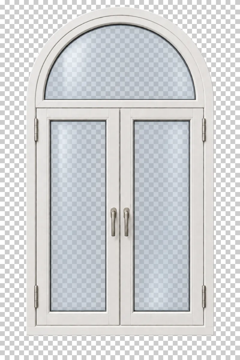 A closed white arched window with a curved top frame and divided translucent glazing.
