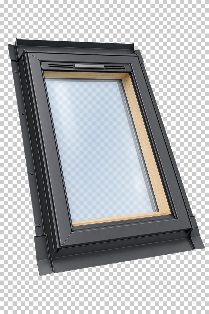 A closed roof window in an angled construction view with its frame, translucent glazing and hinges.