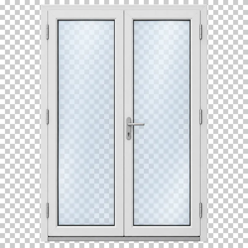 A pair of closed white balcony doors with translucent glazing, shared frame and handles.