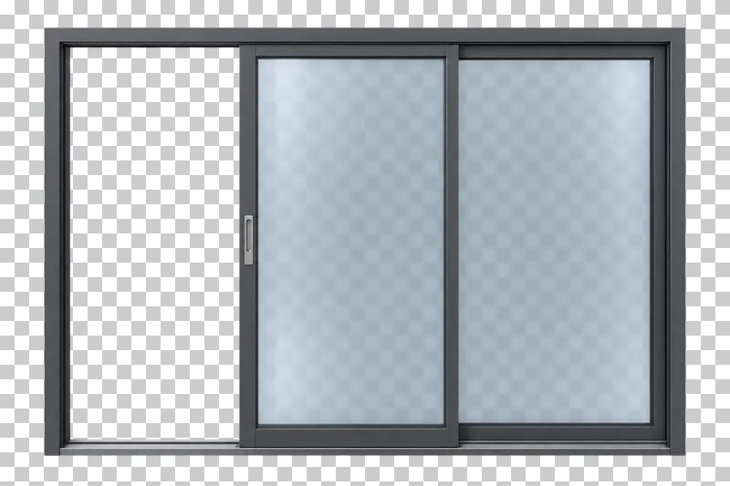 A partially open sliding patio door assembly with translucent glass, frame and sliding tracks.