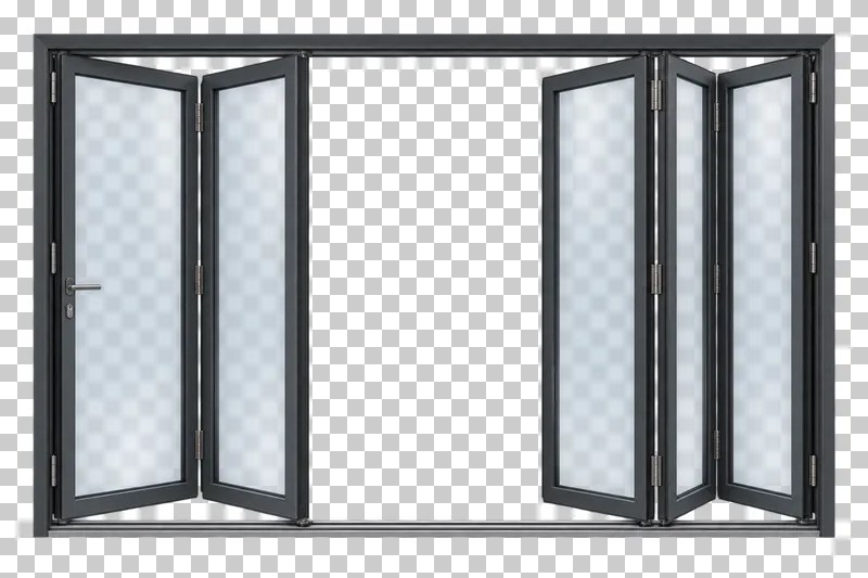 A partially open folding patio glazing assembly with black frames, translucent panes and folding hinges.