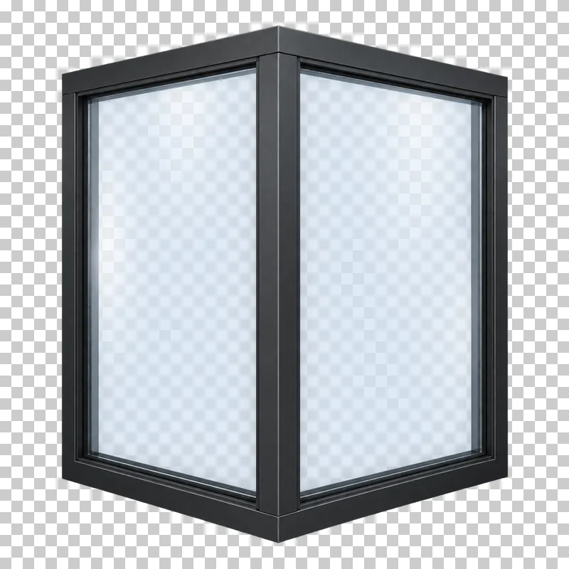 A corner window viewed in perspective with two translucent glass faces joined by black frames.