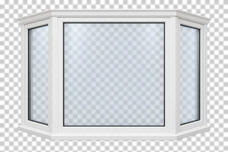 A bay window viewed in perspective with angled side panes, translucent glass and complete frames.