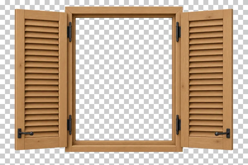 A pair of open wooden shutters with their own mounting frames, hinges and fittings.
