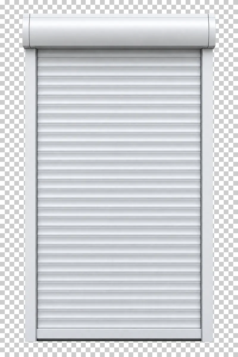 A closed white exterior roller shutter with its overhead cassette, side guides and bottom rail.